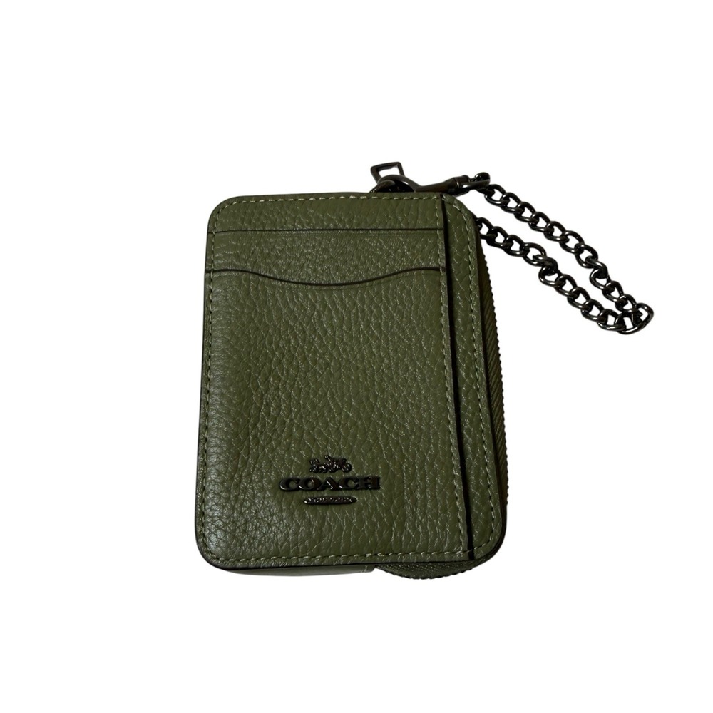 Coach Zip Card Case Soft Green Silver Refined Pebble Leather Wallet
